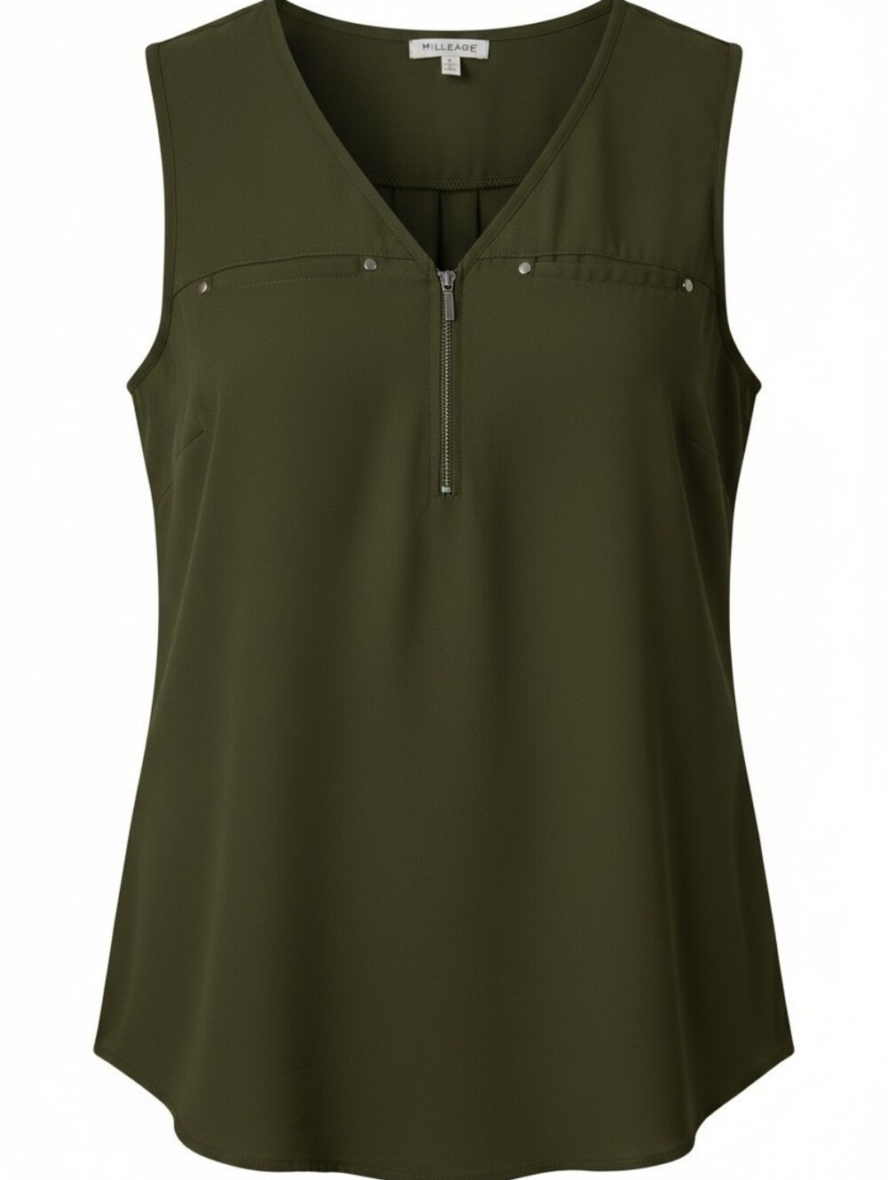 V Neck Half-Zip Sleeveless Top w/Stud Accents